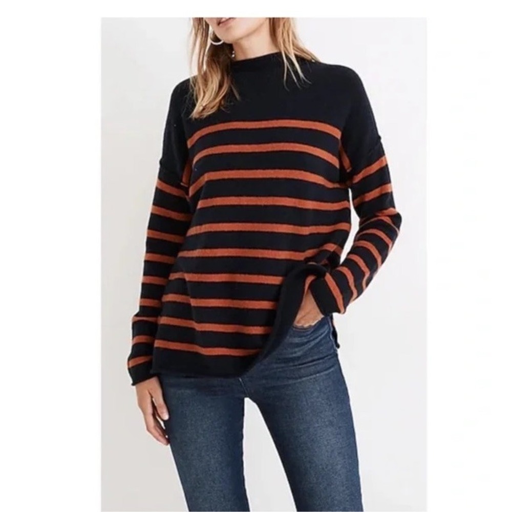 Madewell S Navy Blue Orange Coziest Yarn Striped Whitworth Mockneck Sweater Wool